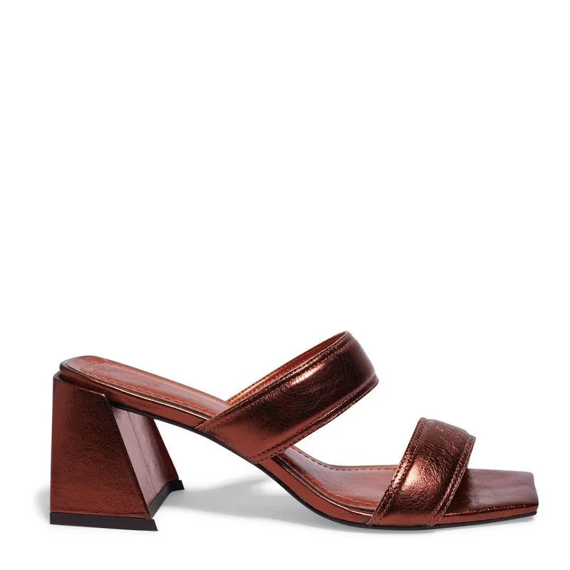 Mule Couro Metalizado Bronze Borgonha Salto Bloco