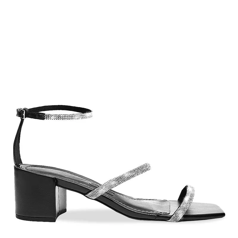 Sandália Preta Strass Salto Médio Bloco