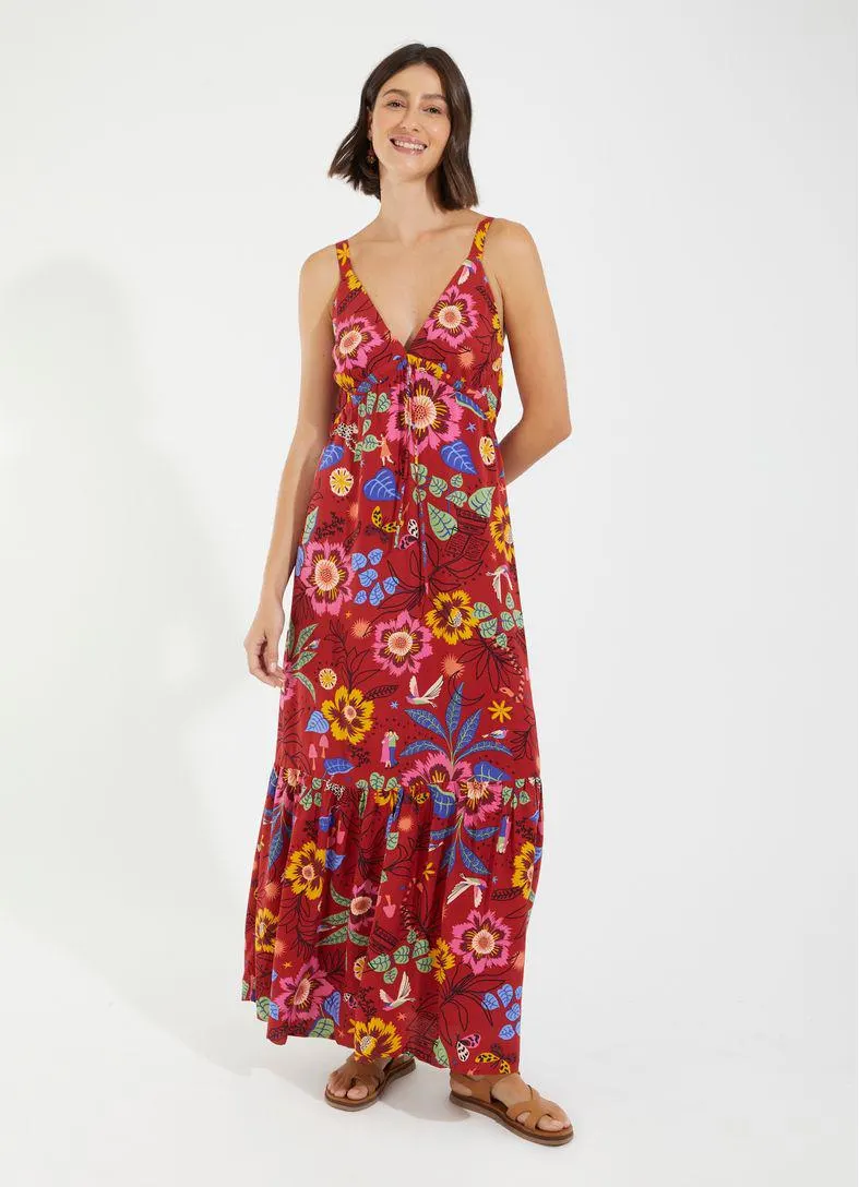 Vestido longo alcinha estampado romance vermelho