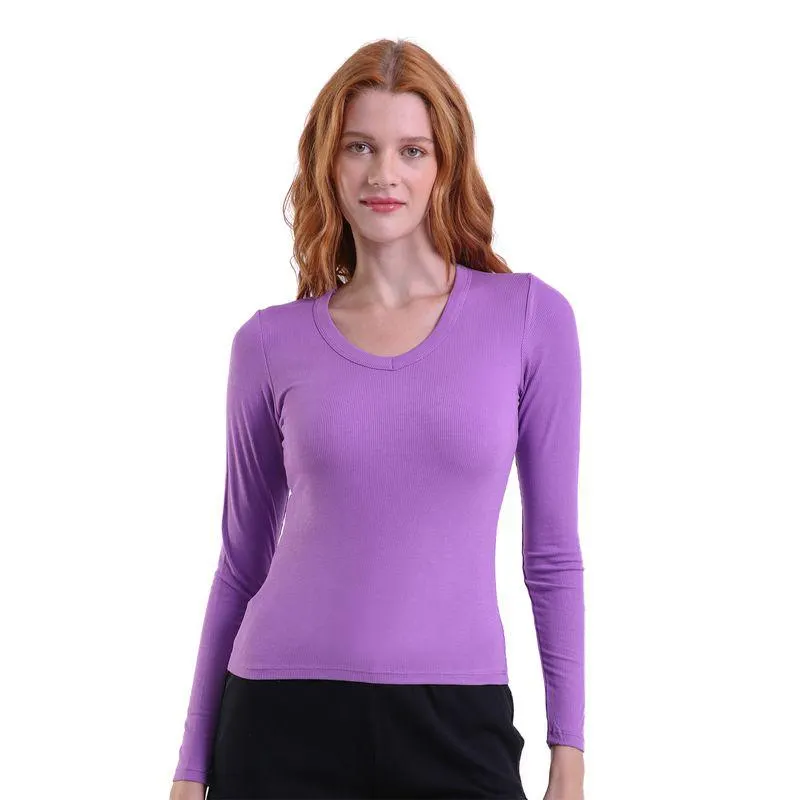 Blusa Manga Longa Decote U Canelada Trendz Lilás