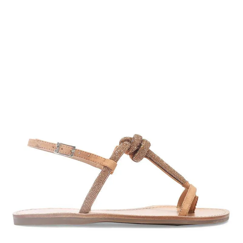 Sandália Rasteira Bege Camurça Nó Strass