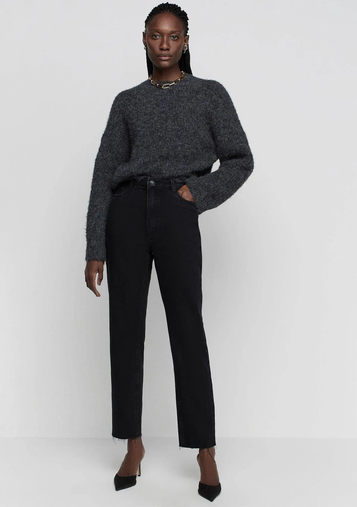 Calça Jeans Reta Slim Cintura Alta - Preto