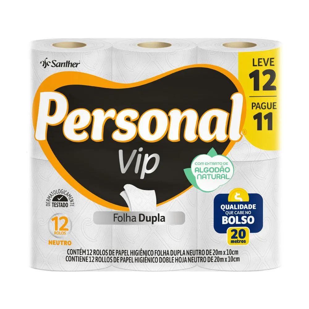 Papel Higiênico Personal Vip Folha Dupla com 12 rolos de 20 metros