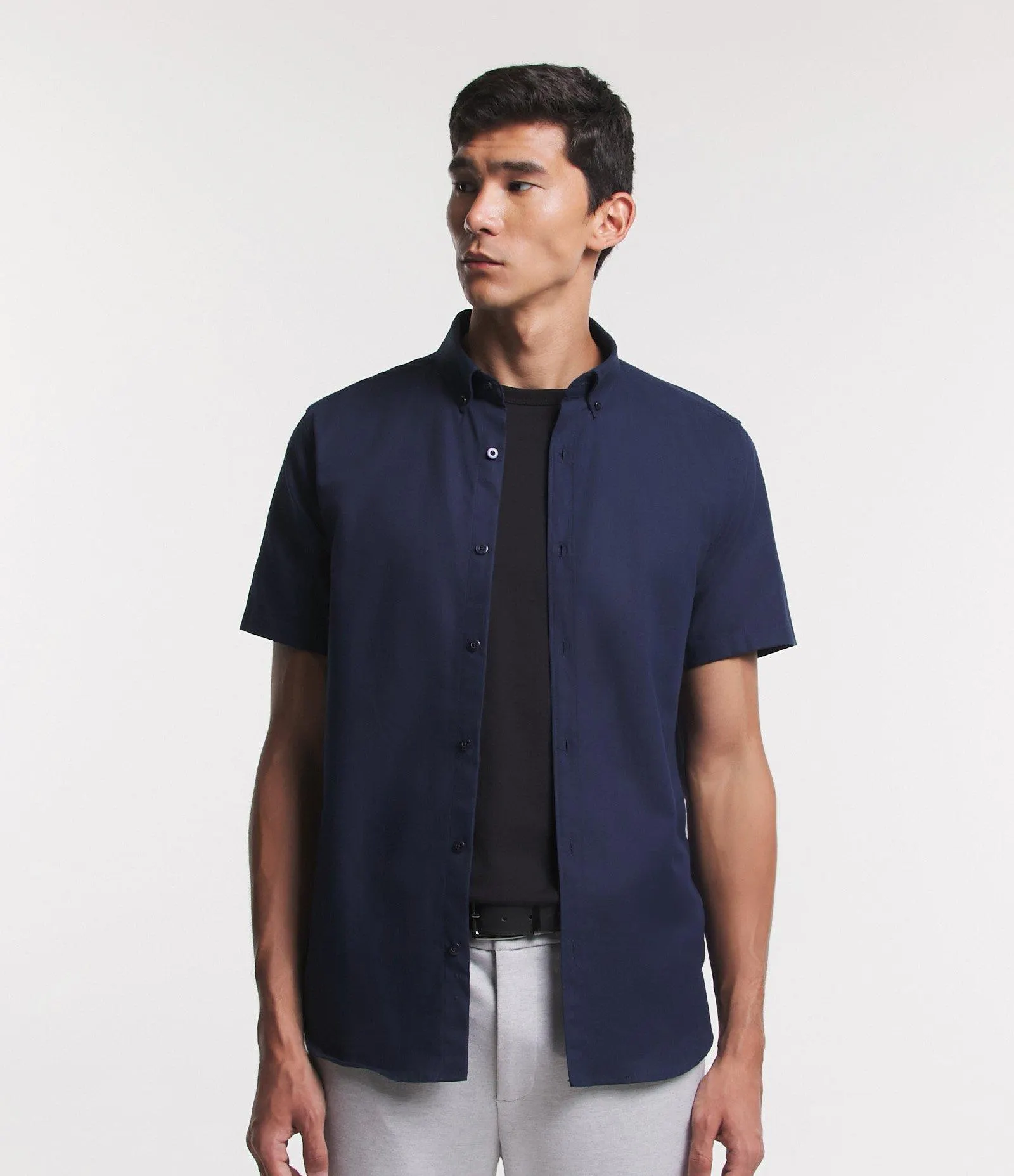 Camisa Comfort em Oxford com Gola Colarinho e Manga Curta Azul