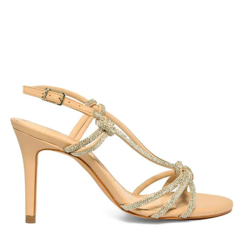 Sandália Bege Bico Redondo Nó Strass