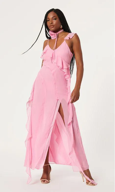 Vestido Longo Babados Fenda Detalhe Flor - Rosa