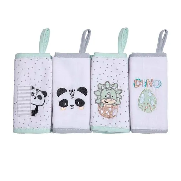 babinha soft com prendedor de chupeta 4 pecas panda e dino papi friends