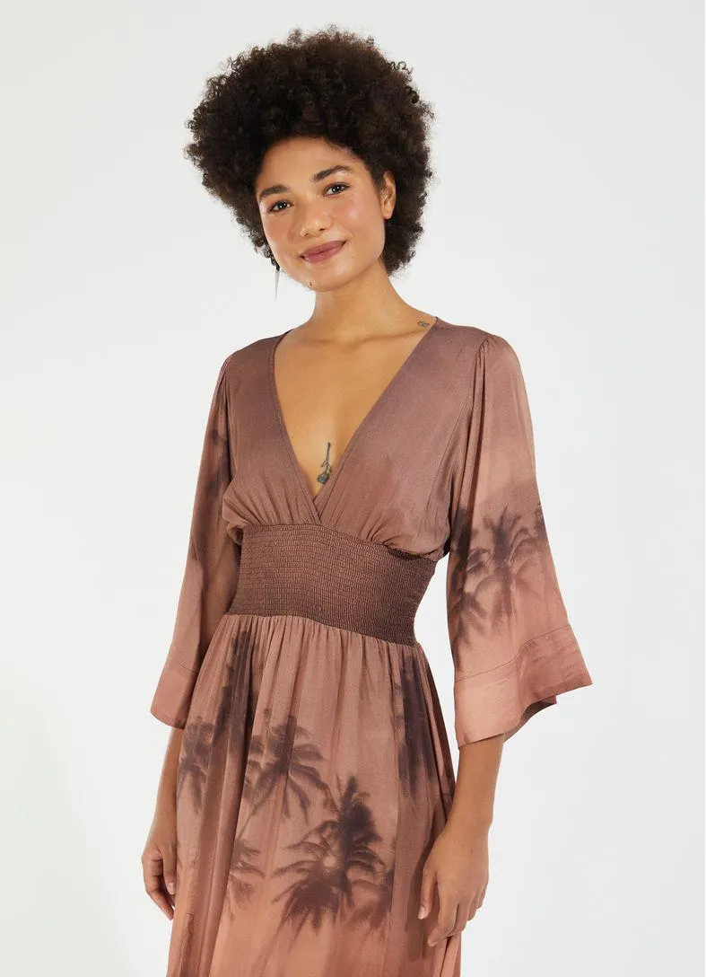 Vestido manga estampado paisagem colab camila coutinho