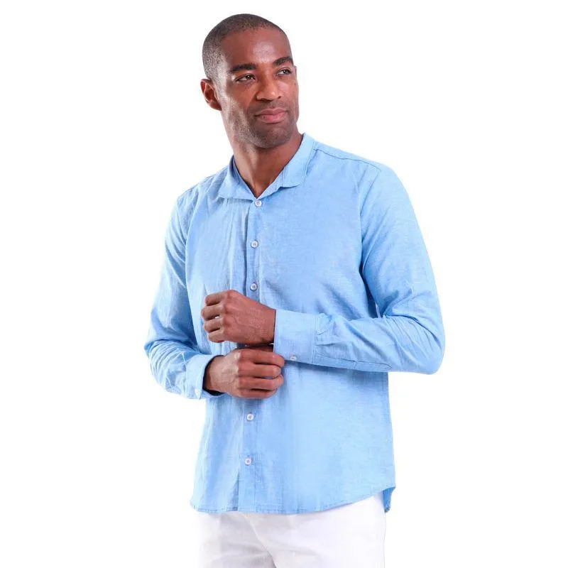 Camisa Linho Masculina Manga Longa Gola Padre Azul