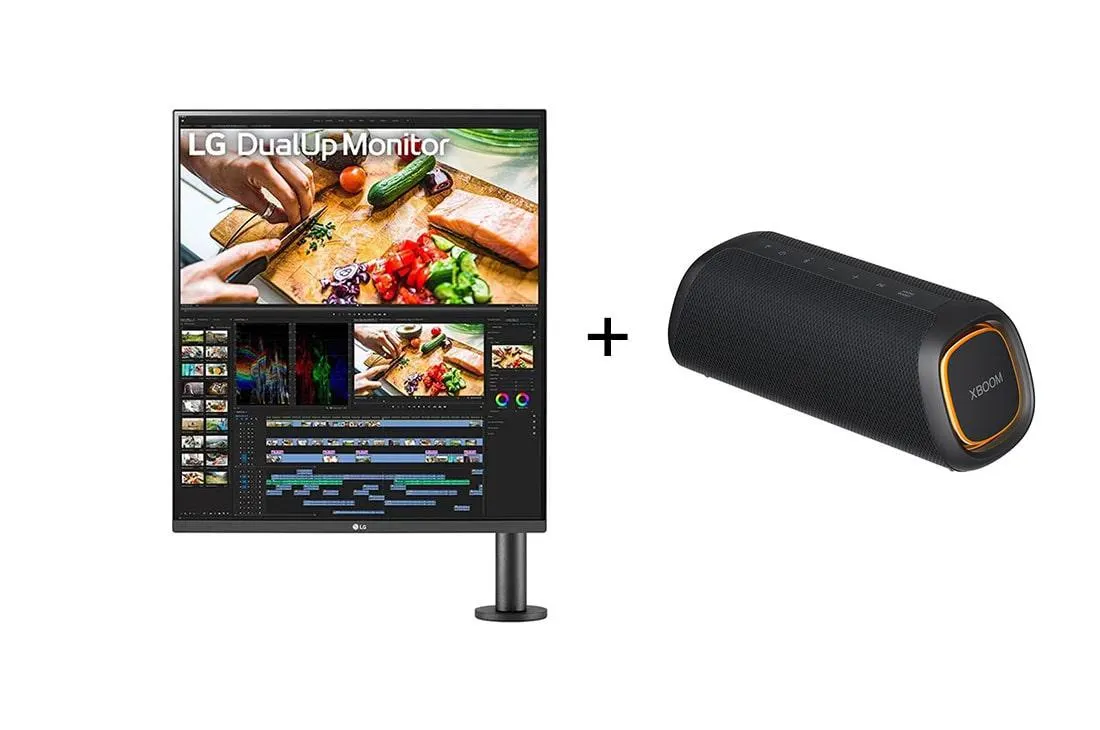 Monitor LG Ergo DualUp - Tela Nano IPS 28'' , 16:18, SDQHD (2560X2880), USB-C, HDMI (x2) /DisplayPort, 98% DCI-P3, HDR10, PBP e KVM - 28MQ780-B + CAIXA DE SOM PORTÁTIL LG XBOOM GO XG7 – BLUETOOTH, 24H DE BATERIA, IP67, SOUND BOOST