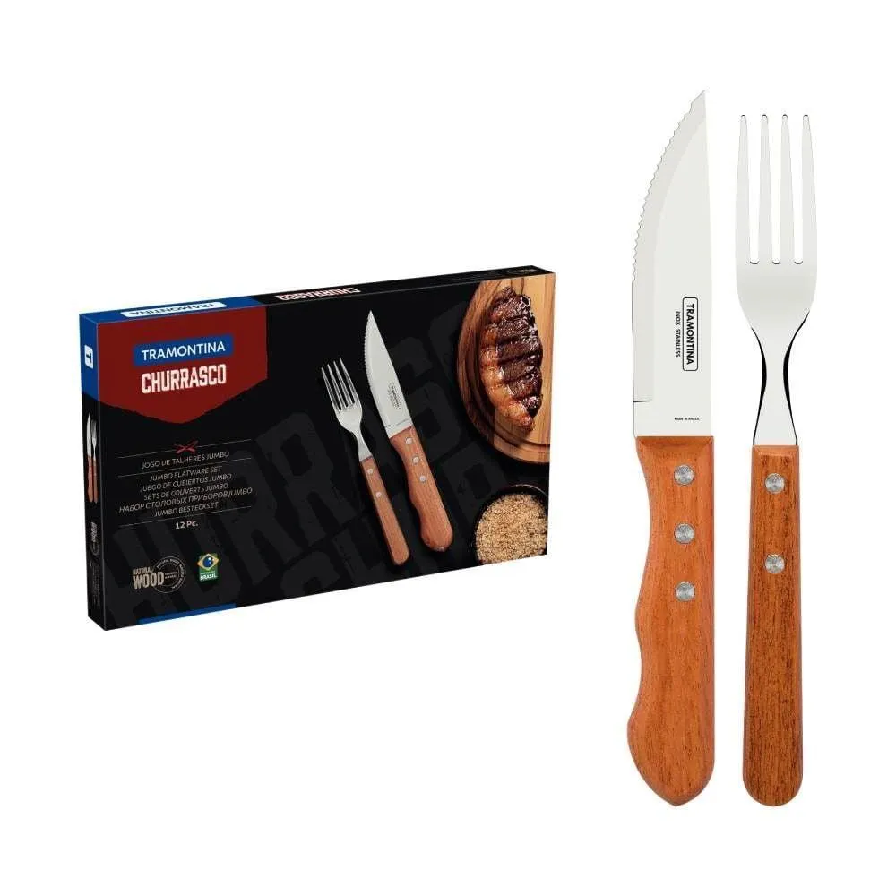 Jogo Talheres Tramontina Para Churrasco Jumbo Inox Com 12 Peças - Madeira