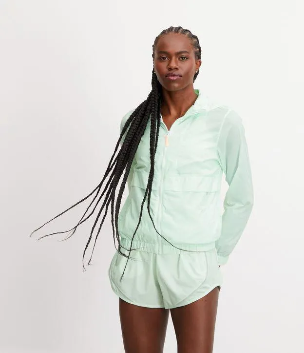 Jaqueta Esportiva Corta-Vento em Poliamida com Recorte Bolsos Verde Água Marinha