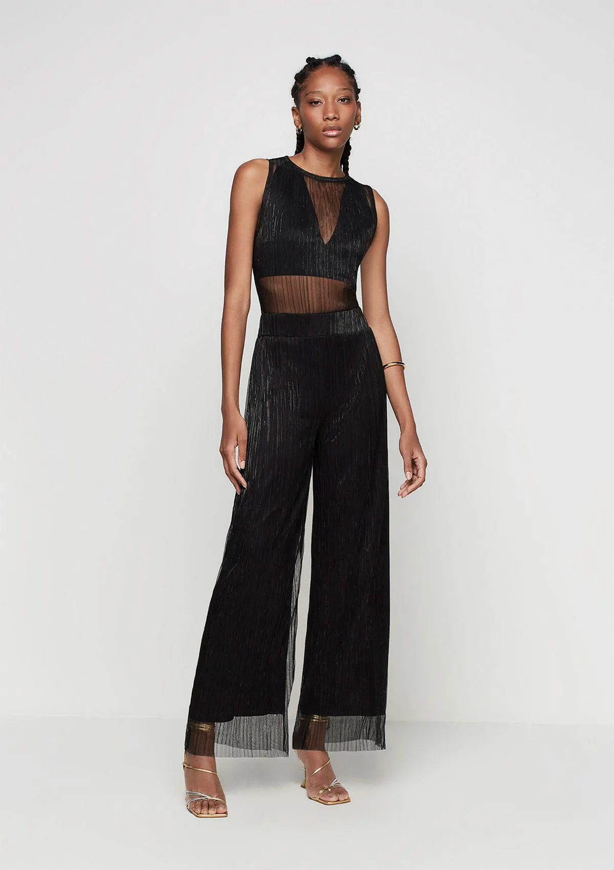 Calça Pantalona Cintura Alta Em Tule Plissado - Preto