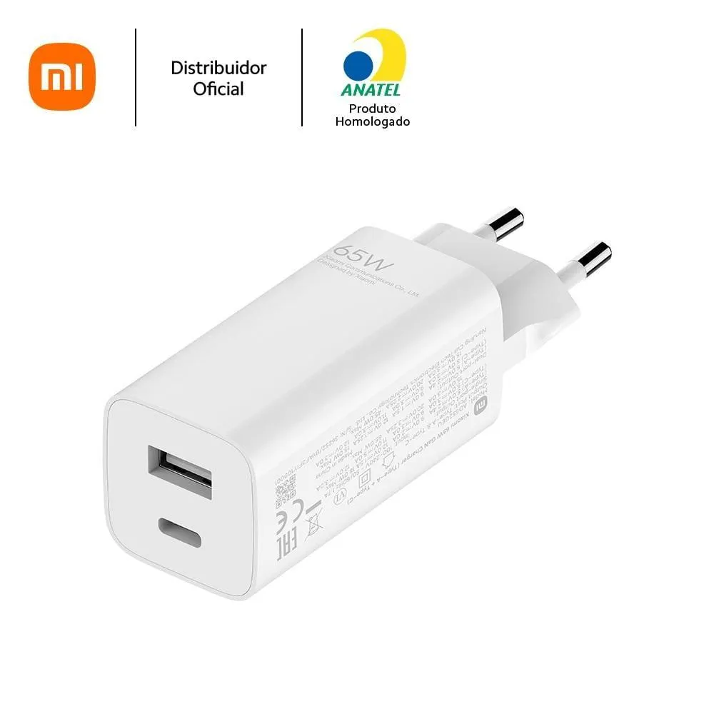 Carregador USB Tomada USB-C 65W, com Dupla Saída (USB-A+USB-C), XIAOMI