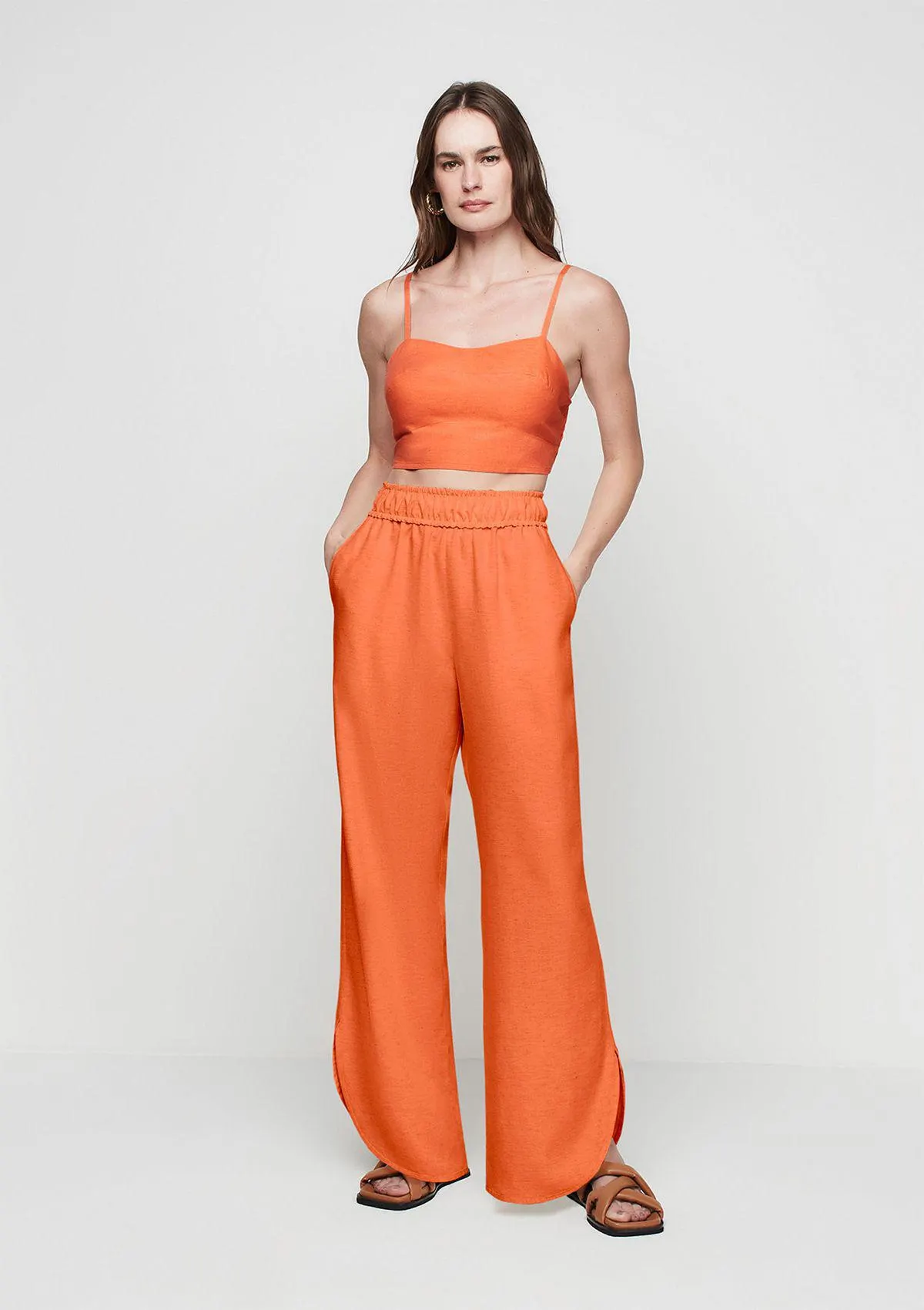 Calça Wide Leg Cintura Alta Com Linho - Laranja