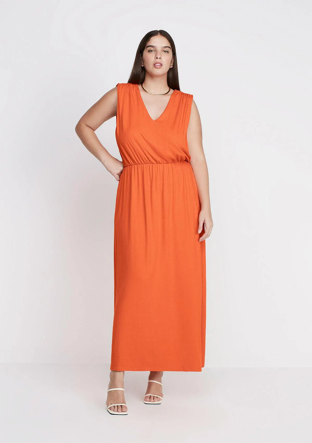Vestido Midi Evasê Decote V - Laranja