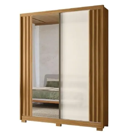 Guarda Roupas Solteiro Com Espelho Ripado 2 Portas 3 Gavetas Freijó/Off White Colorado Moval