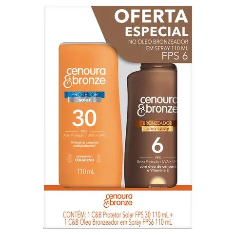 Kit Protetor Solar Cenoura e Bronze Corporal FPS30 110ml + Óleo Bronzeador FPS6 Spray 110ml