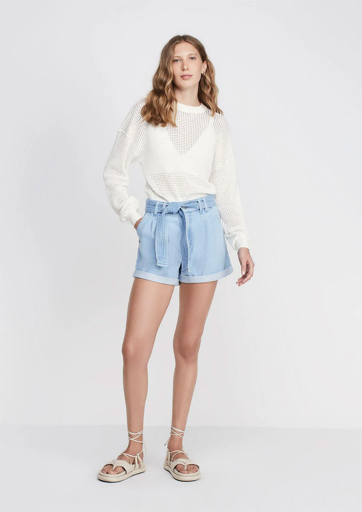 Shorts Jeans Curto Cintura Alta Com Cinto - Azul