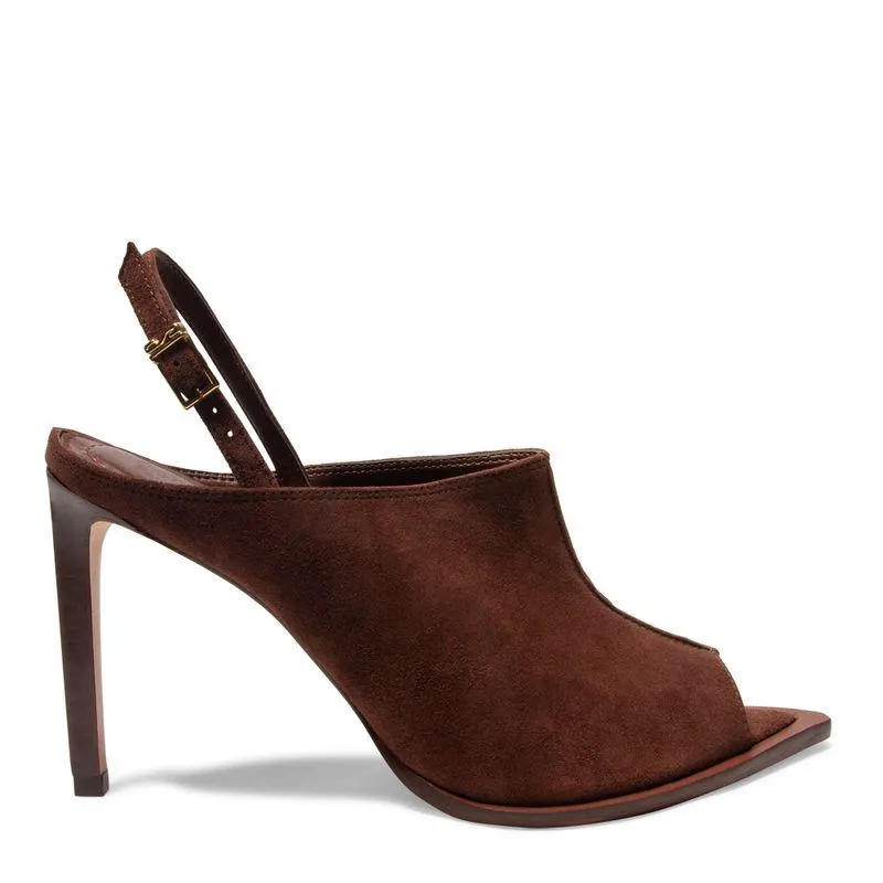 Sapato Peep Toe Marrom Escuro Couro Salto Fino