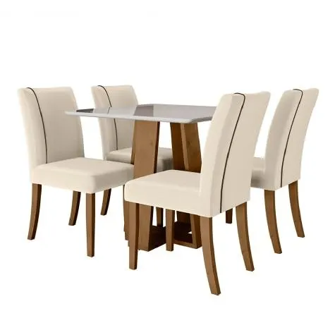 Conjunto de Mesa Sala de Jantar Atenas com 4 Cadeiras Carvalho/Off White/Bege 0,90m Quadrada Dobuê
