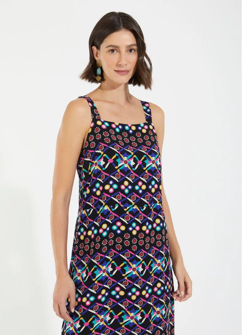 Vestido midi fenda estampado indi