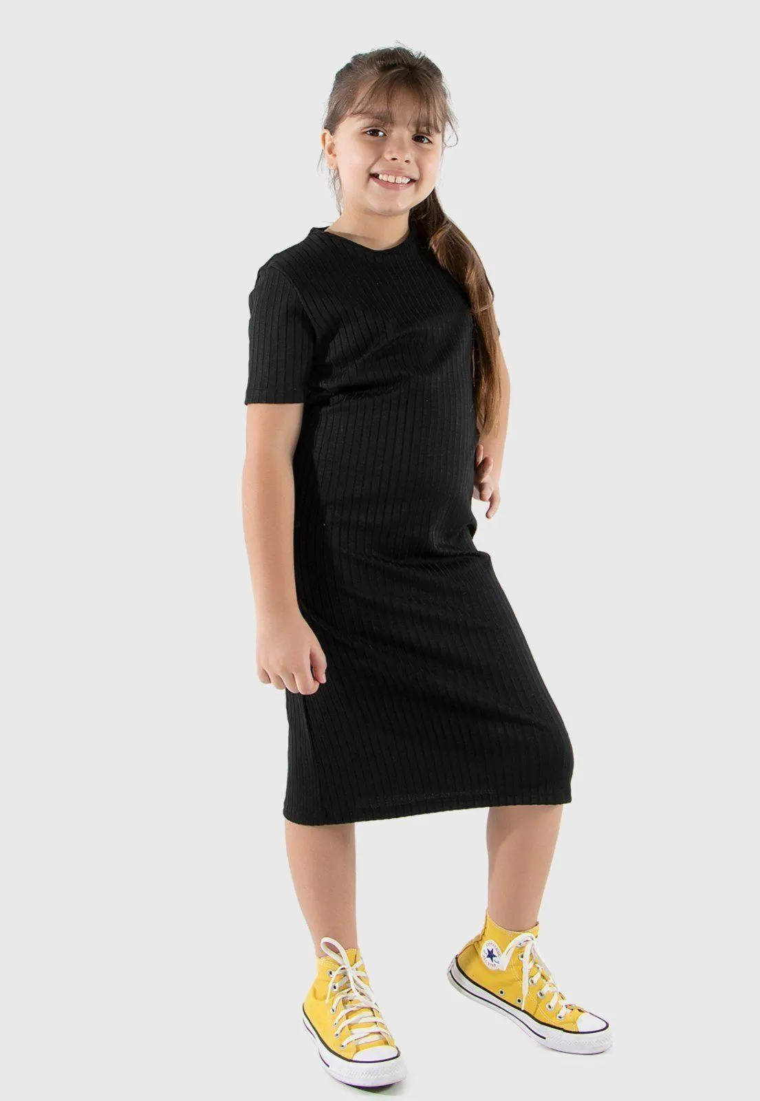 Vestido Midi Infantil Diluxo Manga Curta Ribana Preto