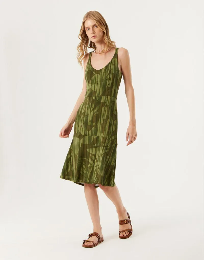 Vestido Midi Botoes Estampado Floresta - Verde Militar