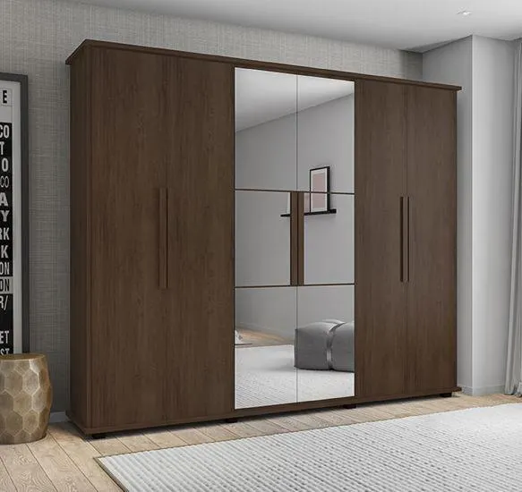 Guarda Roupas RV Móveis Canadá - Espelho, 6 Portas, 4 Gavetas - Noce