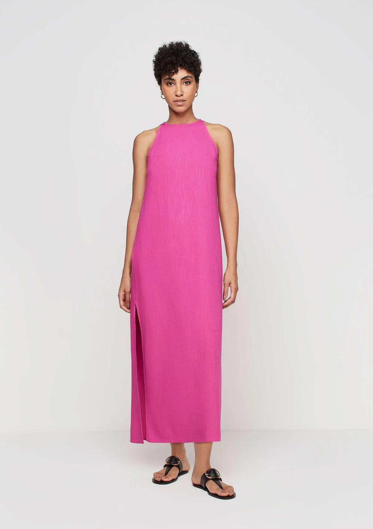 Vestido Midi Decote Redondo Em Linho - Rosa