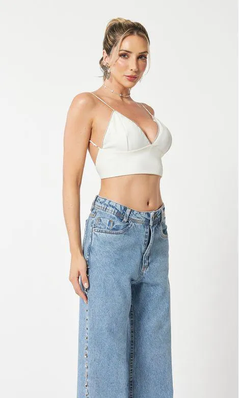 Cropped Malha Estruturada Tule Strass - Off