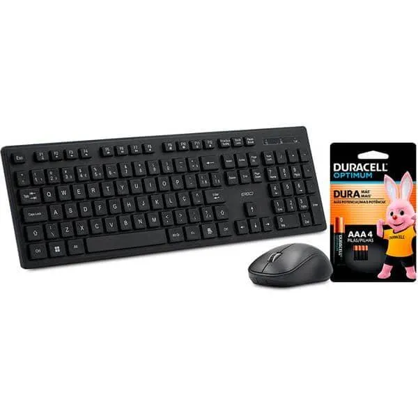 Teclado e Mouse sem Fio, Wireless, Padrão ABNT2, Preto, KMW231B, Ergo + Pilha Alcalina Duracell Palito AAA, Optimum CX 1 UN