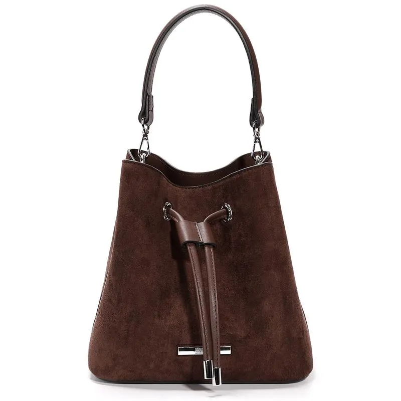 Bolsa Bucket Marrom Escuro Camurça Média