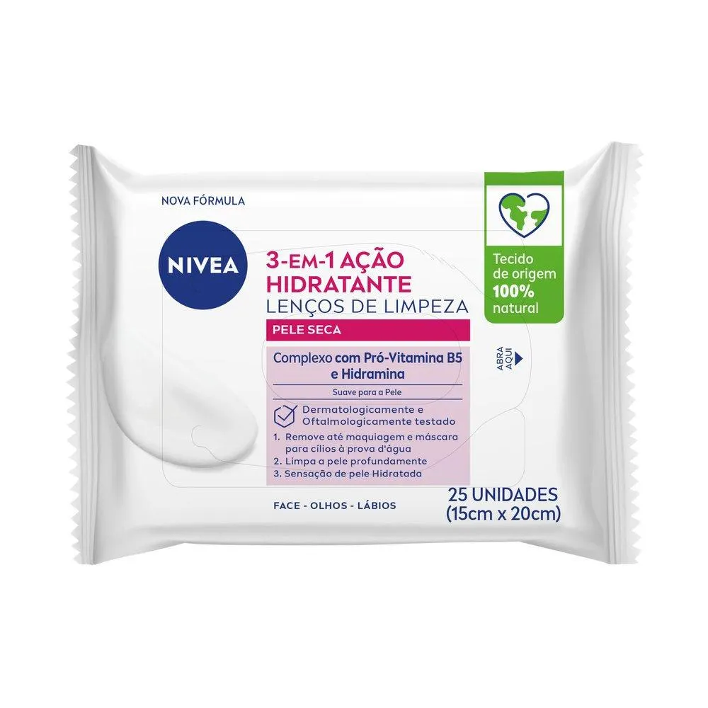 Lenço de Limpeza Nivea Ação Hidratante 3 em 1 com 25 unidades