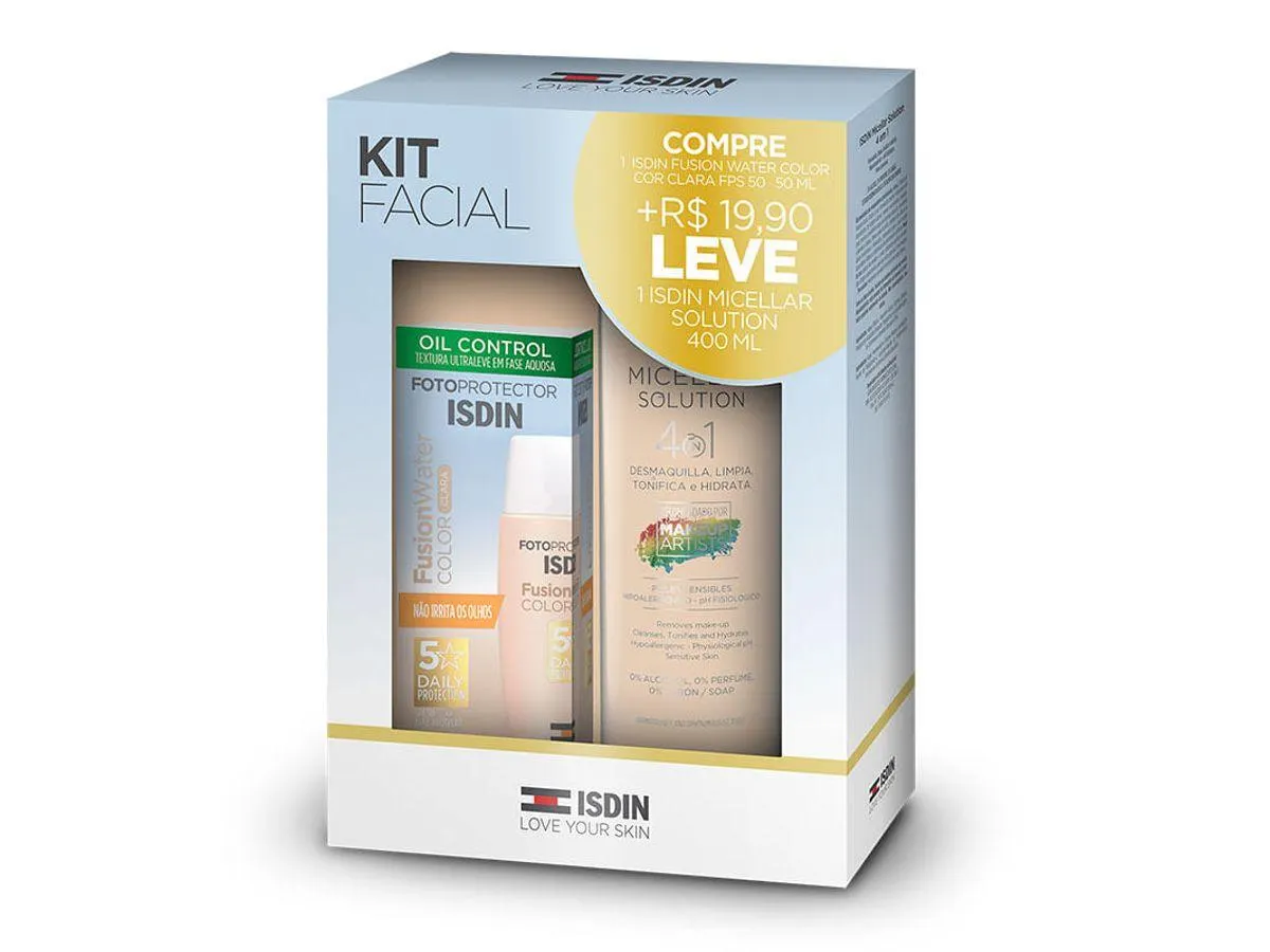 Kit Facial Isdin Protetor Solar Fusion Water Cor Clara FPS50 50ml + Isdin Micellar Solution 400ml