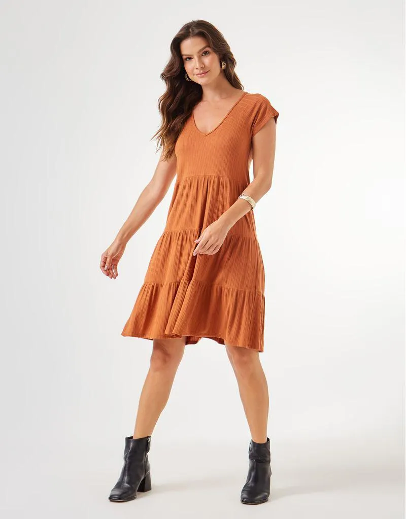Vestido Canelado Marias Curto - Caramelo