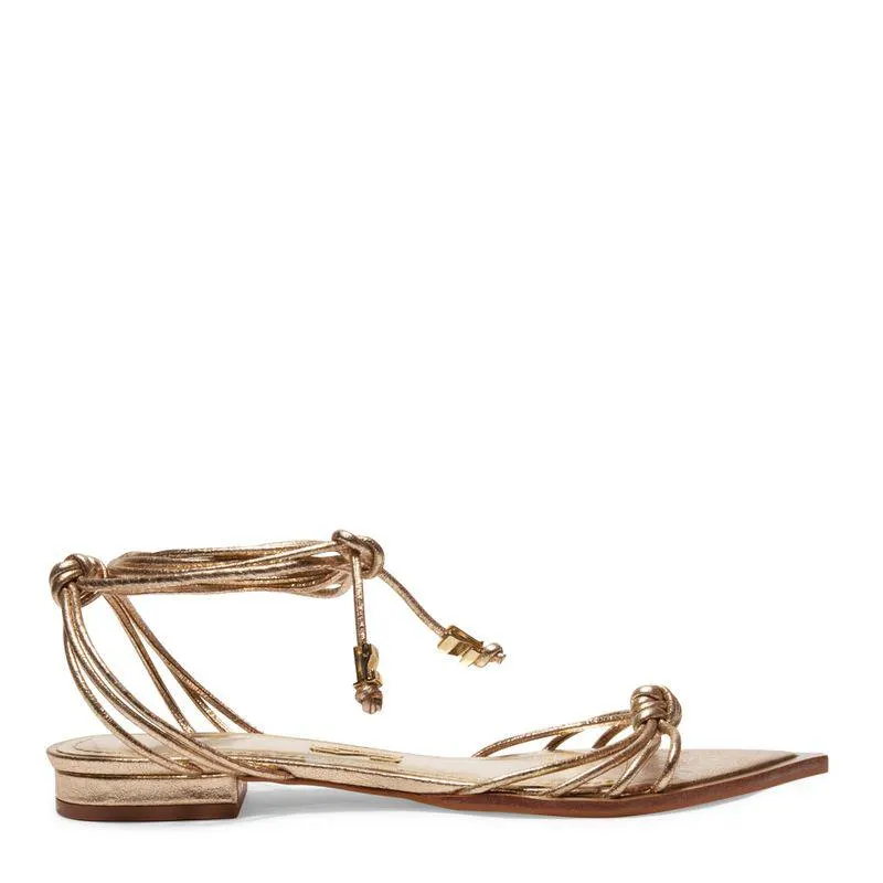 Rasteira Metalizada Dourada Ouro Claro com Amarração Bico Folha