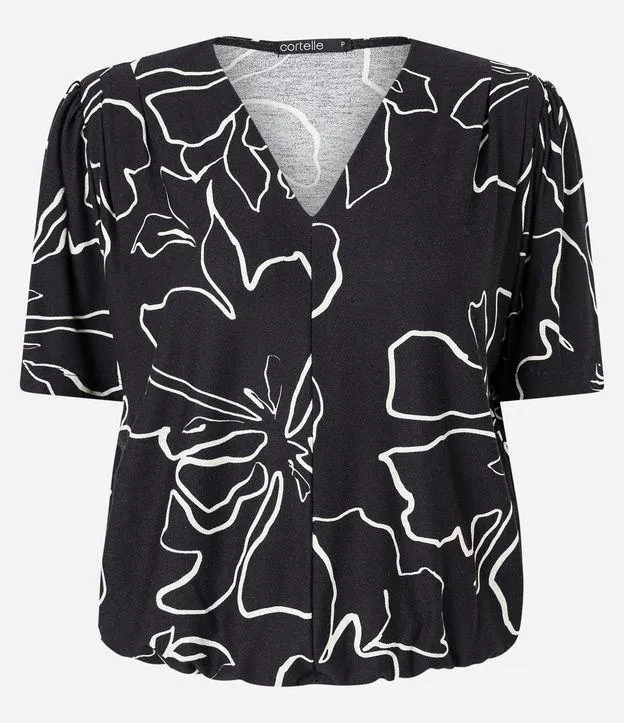Blusa Manga Curta Acinturada em Meia Malha com Folhagens Estampadas Preto