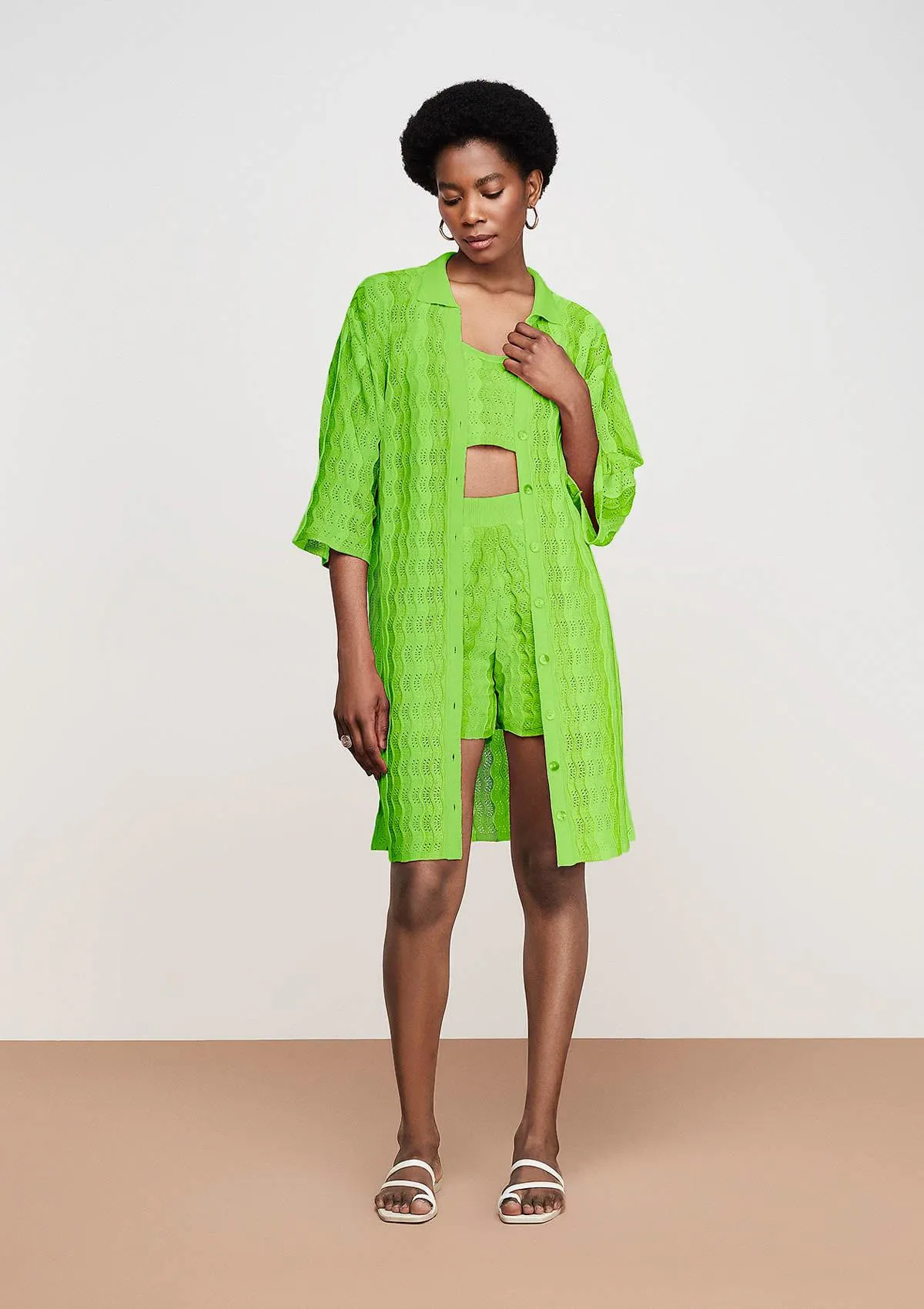 Vestido Chemise Curto Em Tricô Mangas Amplas - Verde