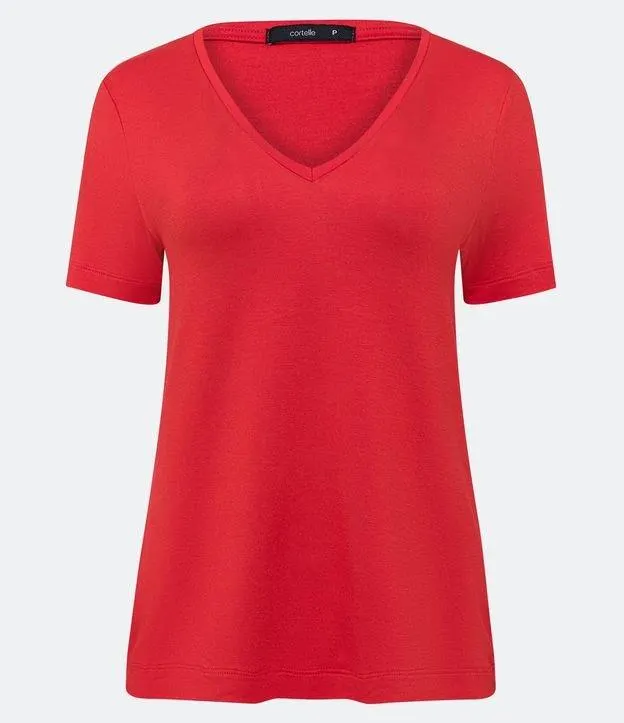 Blusa Básica em Meia Malha com Decote V Vermelho