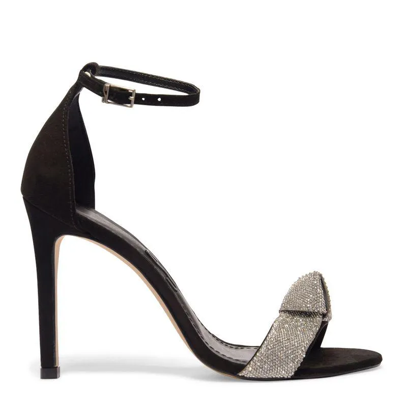 Sandália de Salto Alto Fino Shiny Lolla Preta com Detalhe de Nó de Brilho de Strass Prata