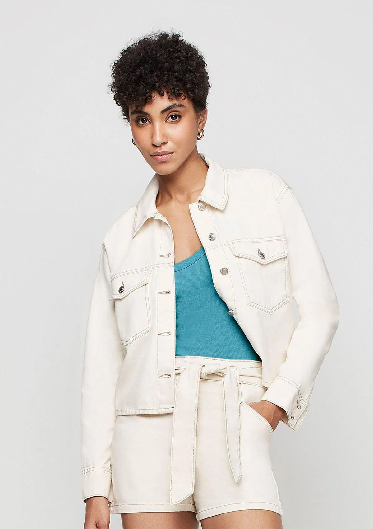 Camisa Jeans Manga Longa Em Algodão - Off White