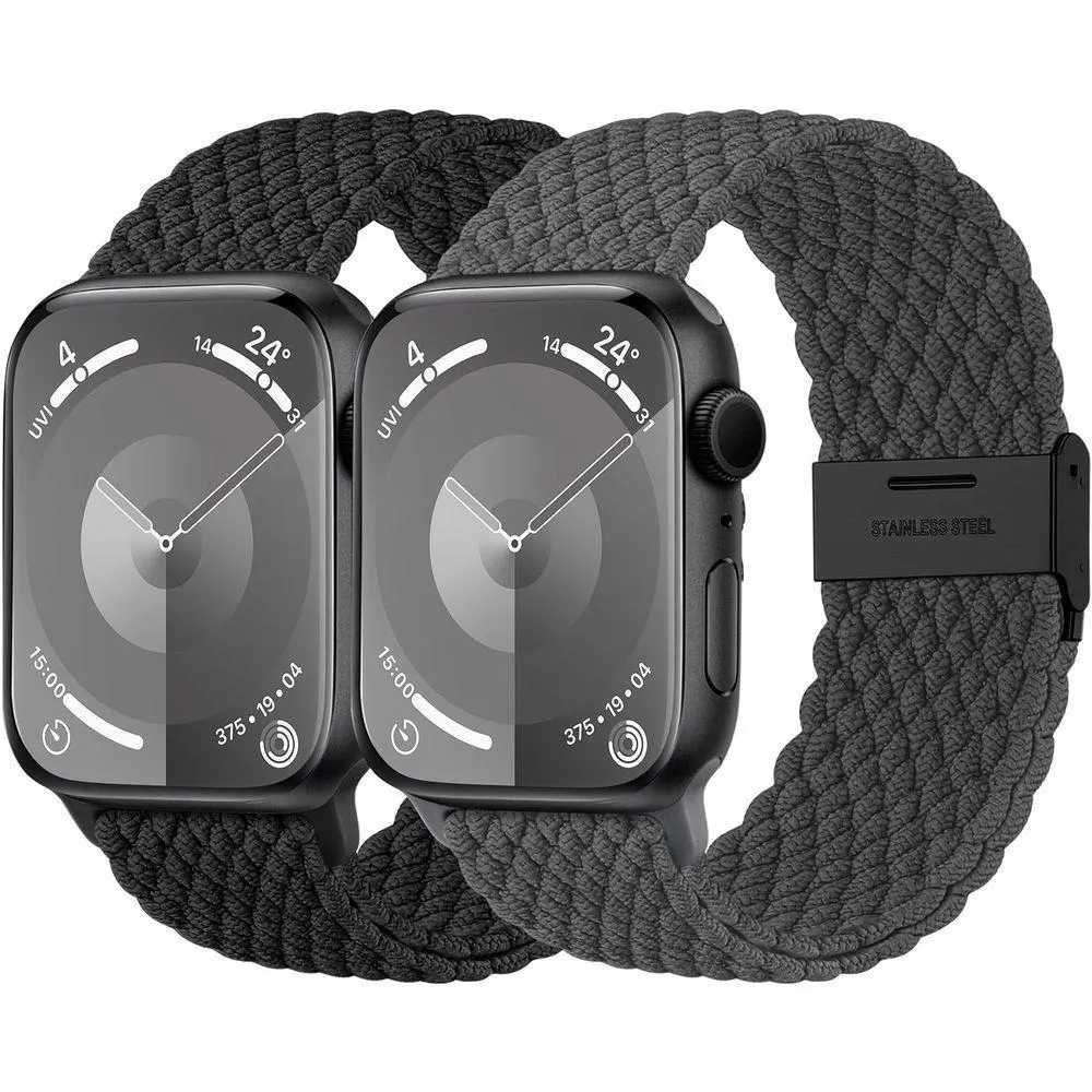 2 Pack Pulseiras Trançadas Para Apple Watch, 38-49mm, Nylon (black-darkgreen)