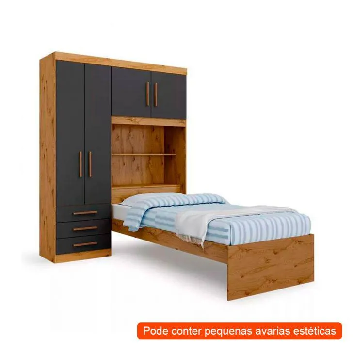 [OUTLET] Guarda-Roupa Solteiro com Cama e Baú Advantage 4 PT 3 GV Ipê Nobre e Grafite