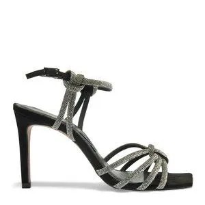 Sandália Preta Camurça Tiras Strass