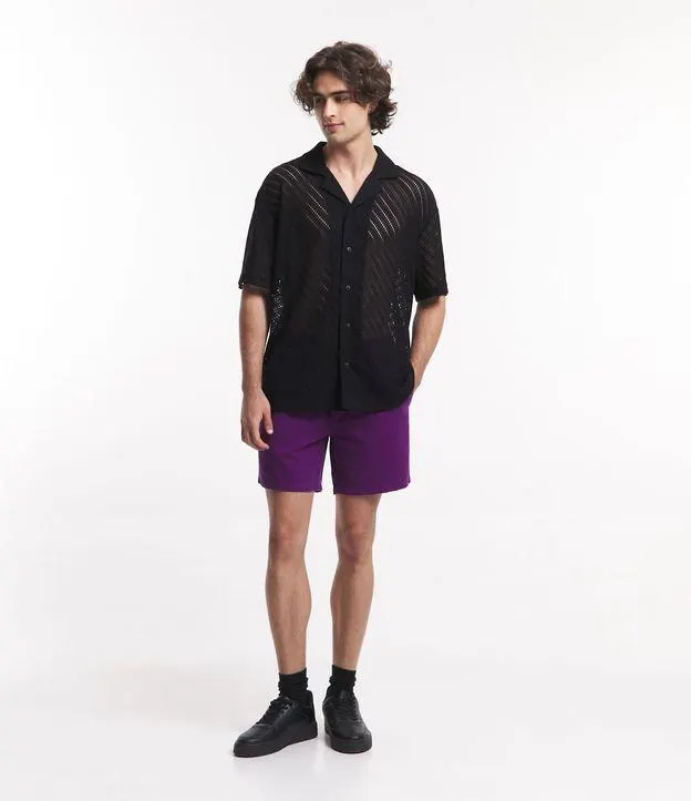 Bermuda em Sarja com Elástico no Cós e Cordão Roxo