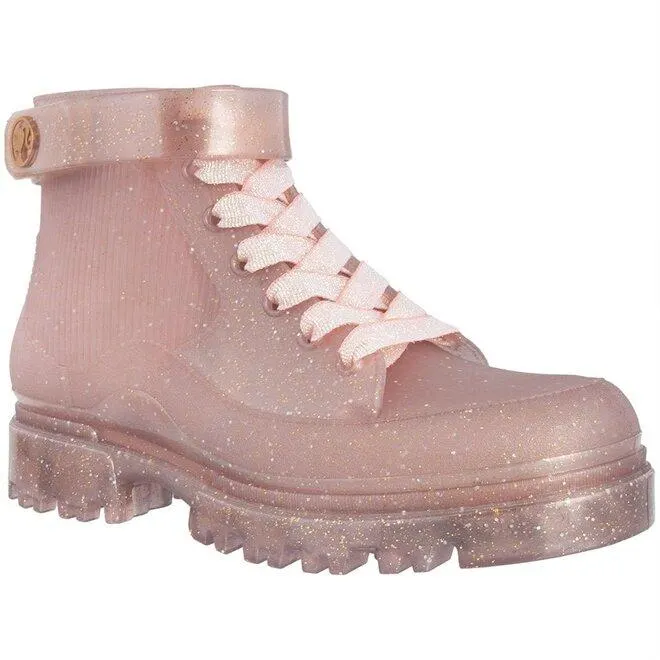 Bota Coturno Infantil Barbie Glamour Tratorada Cadarço Holográfico Glitter Rosa