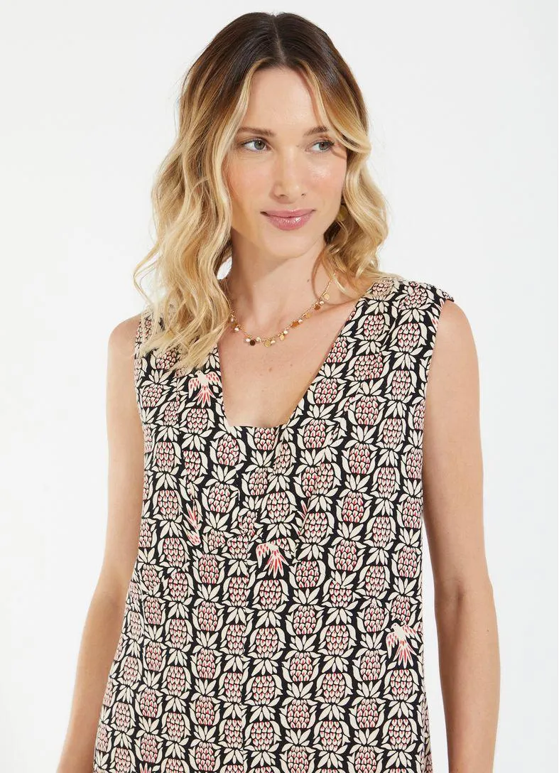 Macaquinho linho padrão ananas preto