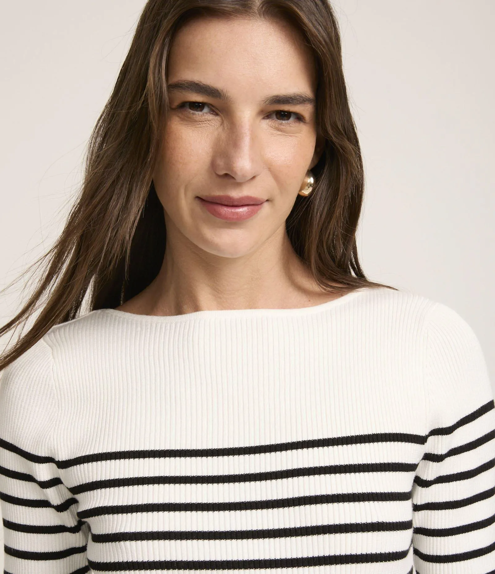 Blusa em Tricõ com Textura Canelada e Estampa Listrada Branco Neve