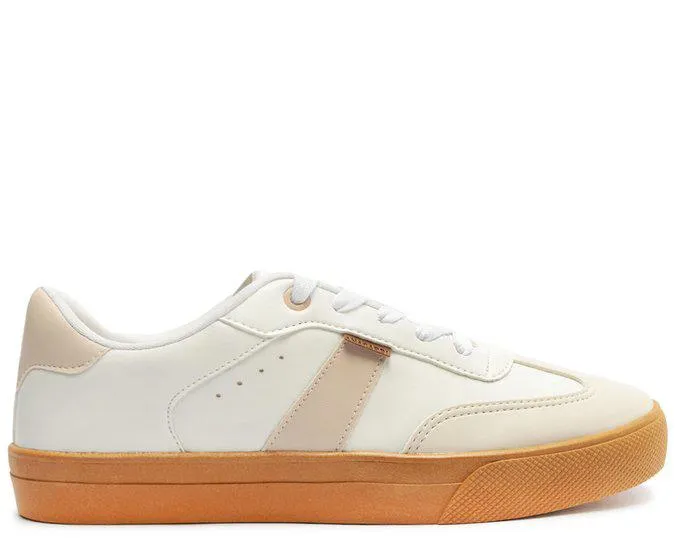 Tênis de Amarrar Branco Listra Lateral Nude Camurça